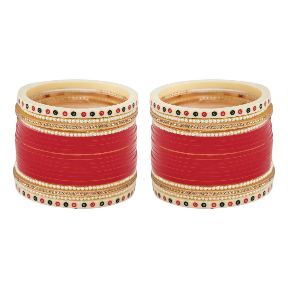 Red Hand Finished Designer Wedding Chooda for Bride with Pearl & Shimmer Bangles