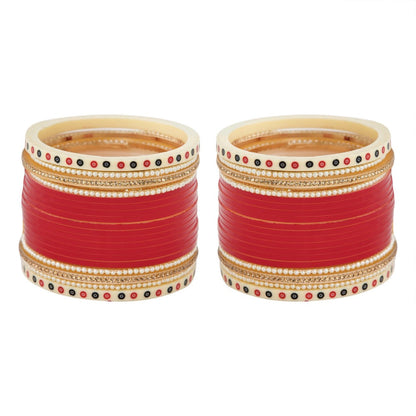 Red Hand Finished Designer Wedding Chooda for Bride with Pearl & Shimmer Bangles